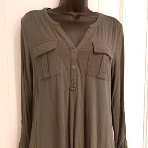 a new day army green front button henley top